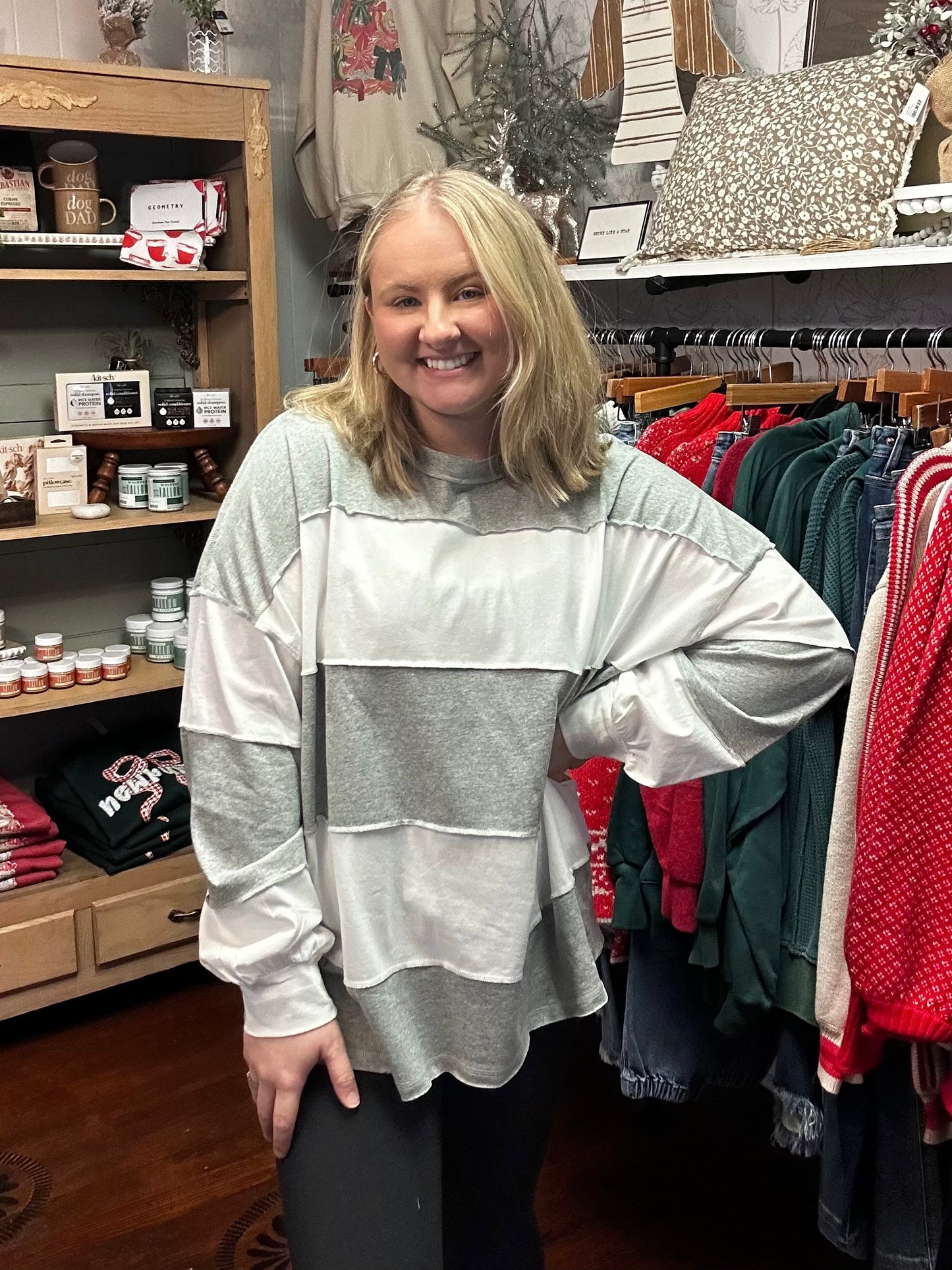 Grey Striped Oversized Top