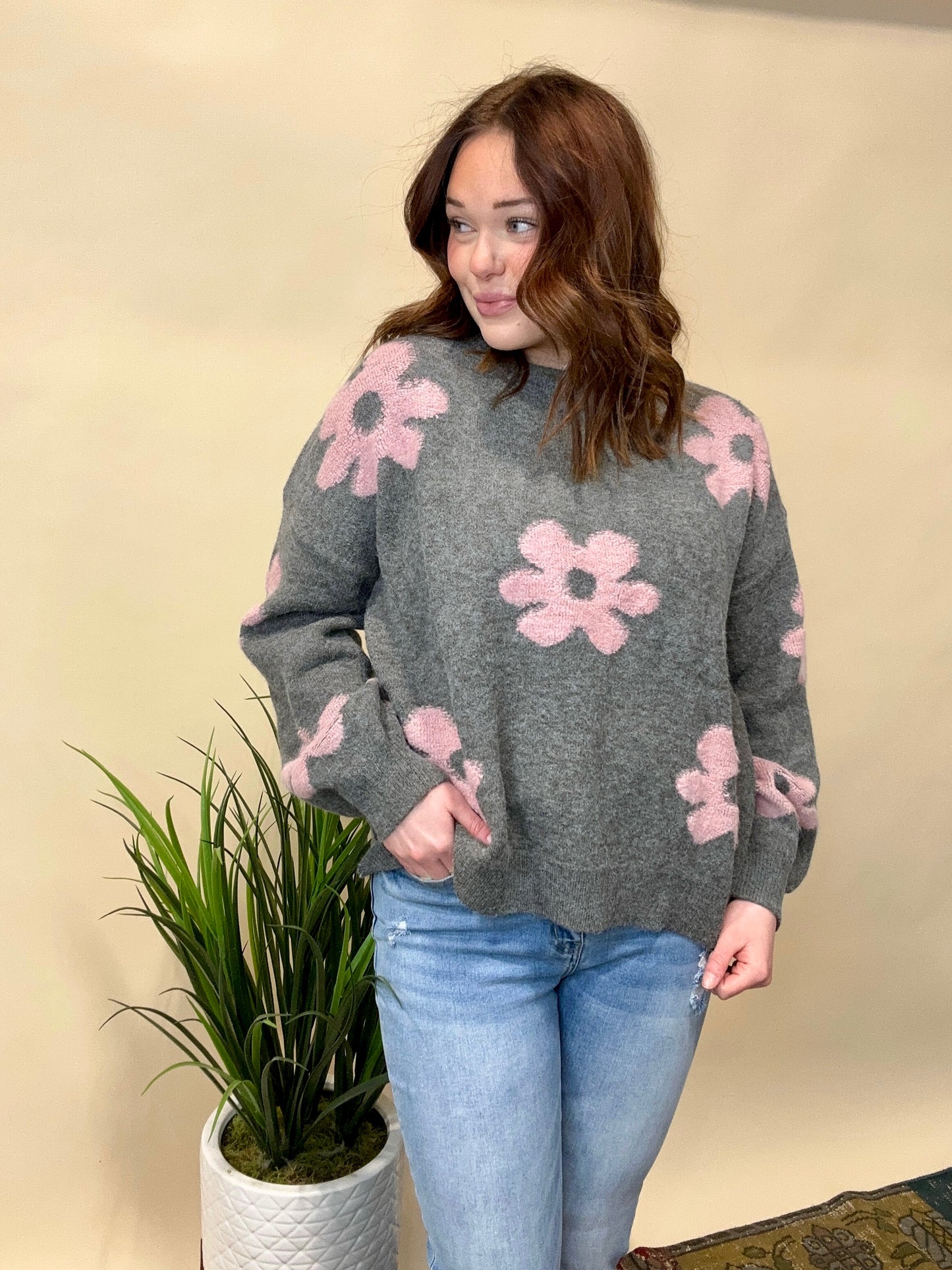 Charcoal Pink Floral Sweater