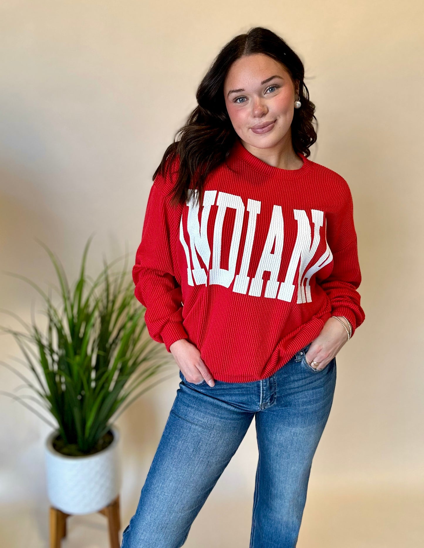 Red Ribbed Indiana Crewneck