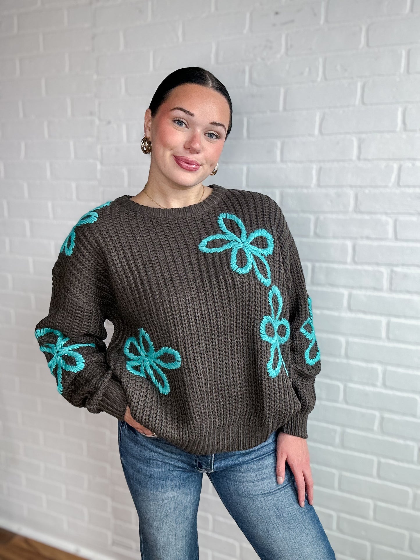 Chocolate Aqua Floral Sweater