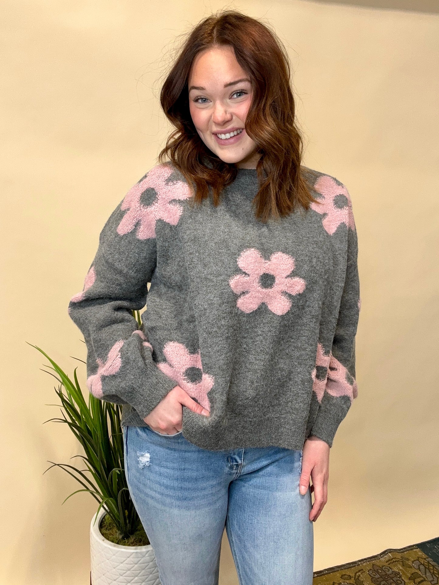 Charcoal Pink Floral Sweater