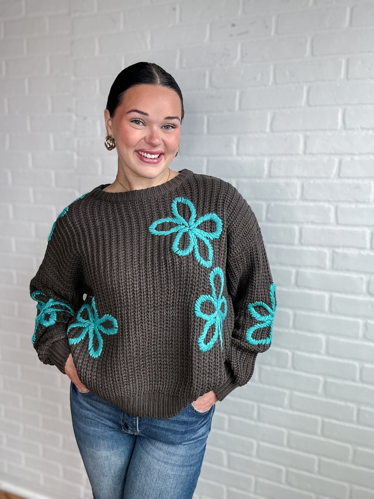 Chocolate Aqua Floral Sweater