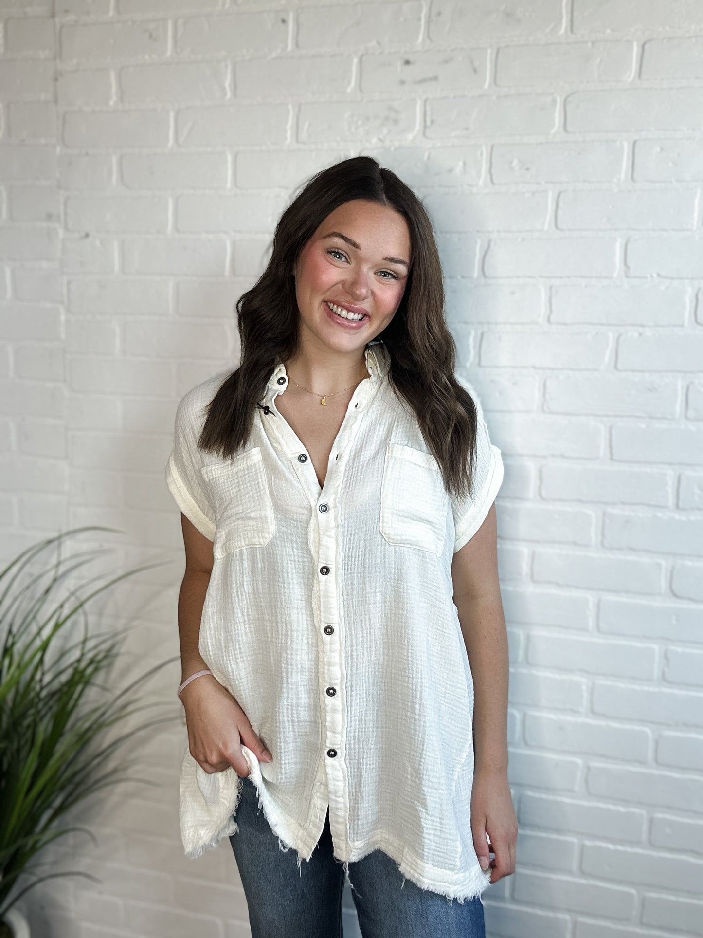 Ivory Loose Gauze Button Up