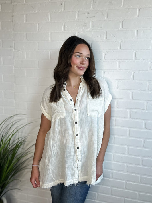 Ivory Loose Gauze Button Up