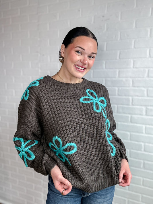 Chocolate Aqua Floral Sweater