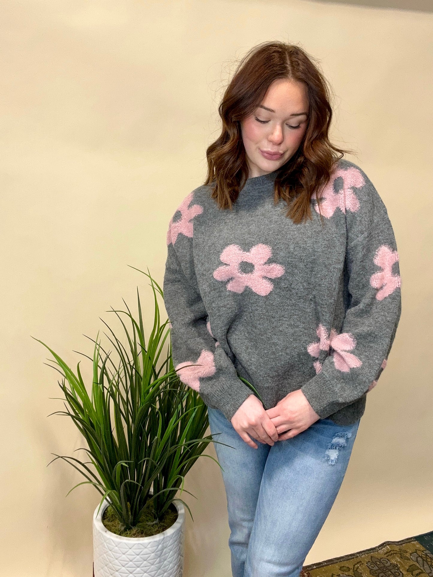 Charcoal Pink Floral Sweater